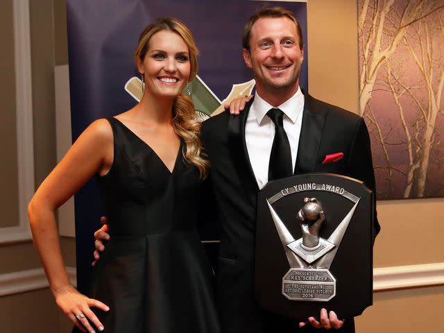 <p>Alex Trautwig/MLB/Getty</p> Max Scherzer and Erica May-Scherzer during the 2017 Baseball Writers' Association of America awards dinner on January 12, 2017 in New York City.