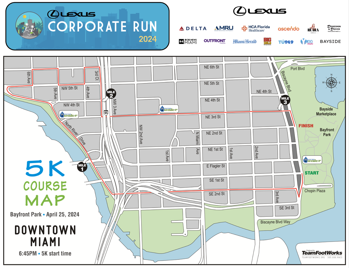 The Lexus 2024 Corporate Run course map for Thursday, April 25, 2024. Lexus Corporate Run