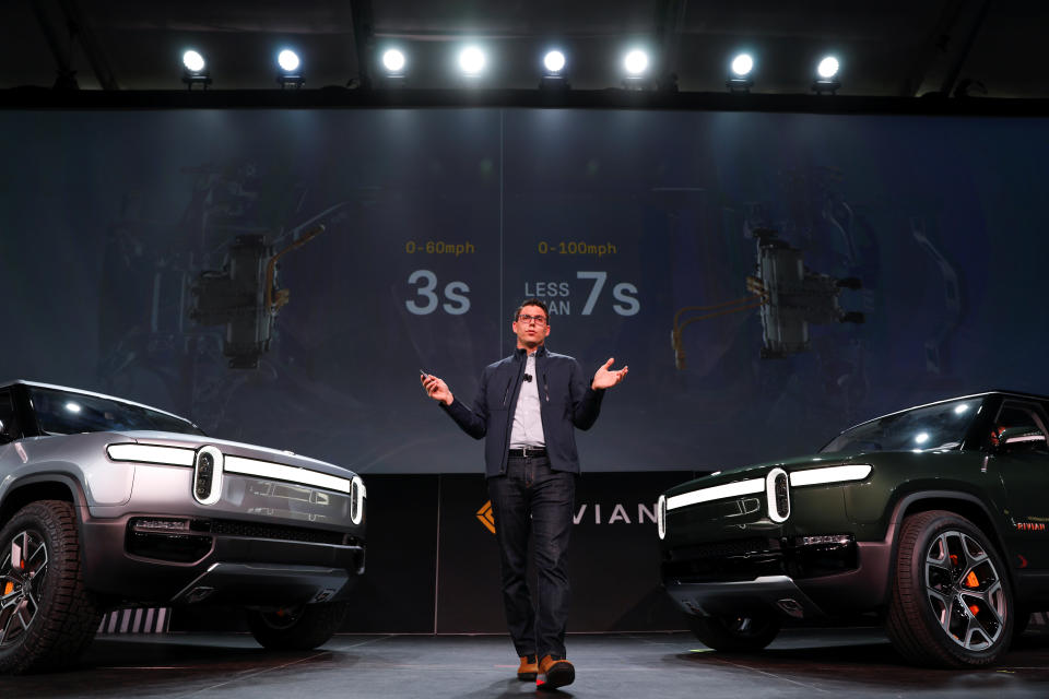 R.J. Scaringe, Rivian's 35-year-old CEO, introduces his company's R1T all-electric pickup truck and all-electric R1S SUV at Los Angeles Auto Show in Los Angeles, California, U.S. November 27, 2018.  REUTERS/Mike Blake