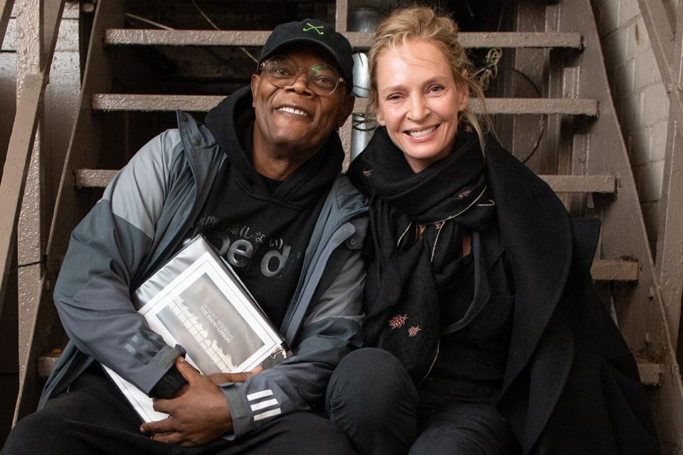 Uma Thurman (R) reunites with Samuel L. Jackson (L) at an early preview performance of August Wilson's "The Piano Lesson" on Broadway at the Barrymore Theatre on October 01, 2022 in New York City.