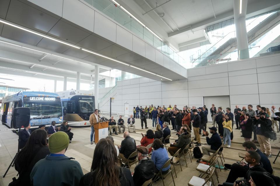 Rick Barrett of Barrett Lo Visionary Development, speaks as The Hop, MCTS and The Couture celebrate the opening of the New Transit Concourse with a ribbon cutting ceremony Thursday, April 11, 2024, at Couture Transit Concourse located at 909 E. Michigan St., Milwaukee.