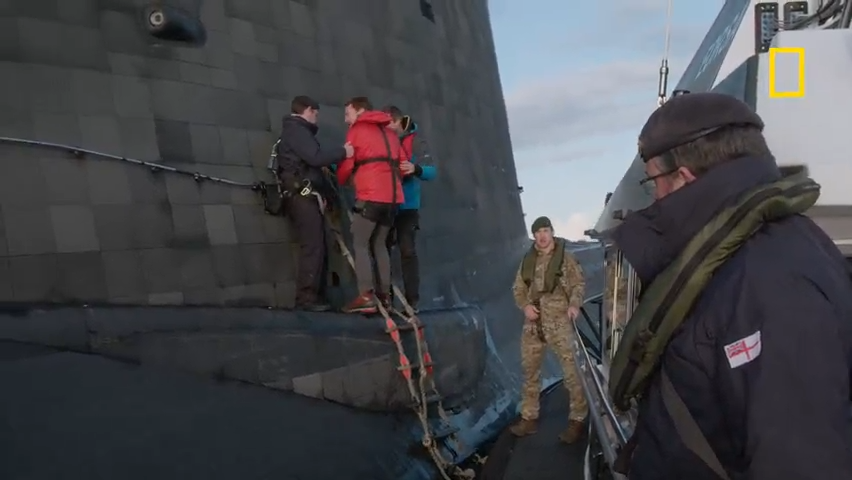 Benedict Cumberbatch and Bear Grylls rode out of "Running Wild" in nuclear submarine style.