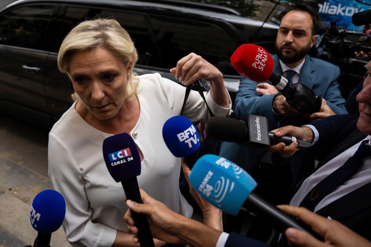 Marine Le Pen, leader the French far-right, arrives at the National Rally party headquarters, Monday, July 1, 2024 in Paris. France's National Rally surged into the lead in the first round of legislative elections, according to results released early Monday, bringing the far-right party to the brink of power and dealing a major blow to President Emmanuel Macron's centrists in an election that could set the country, and Europe, on a starkly different course. (AP Photo/Louise Delmotte)