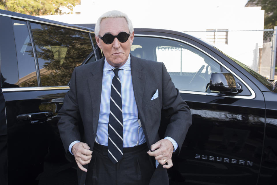 Roger Stone arrives at Federal Court for the second day of jury selection for his federal trial, in Washington, Wednesday, Nov. 6, 2019. Stone, a longtime Republican provocateur and former confidant of President Donald Trump, goes on trial over charges related to his alleged efforts to exploit the Russian-hacked Hillary Clinton emails for political gain. (AP Photo/Cliff Owen)