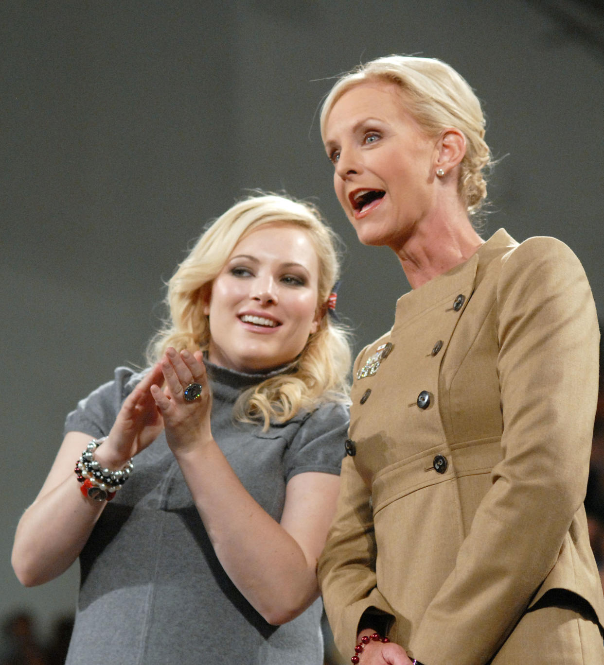 BETHLEHEM, PA - OCTOBER 8:  Cindy McCain (R), wife of Republican Presidential candidate U.S. Sen. John McCain (R-AZ), and her daughter Meghan McCain stand on stage during a campaign stop on the campus of Lehigh University October 8, 2008 in Bethlehem, Pennsylvania. Hundreds of supporters attended the event.(Photo by William Thomas Cain/Getty Images)