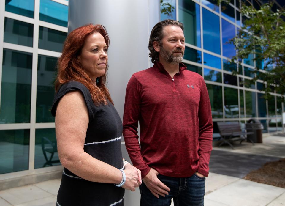 Addison Bethea's parents, Michelle Murphy and Shane Bethea, speak with media Wednesday outside Tallahassee Memorial Hospital.