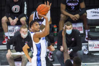Creighton's Antwann Jones shoots against Omaha during the first half of an NCAA college basketball game in Omaha, Neb., Tuesday, Dec. 1, 2020. (AP Photo/Kayla Wolf)