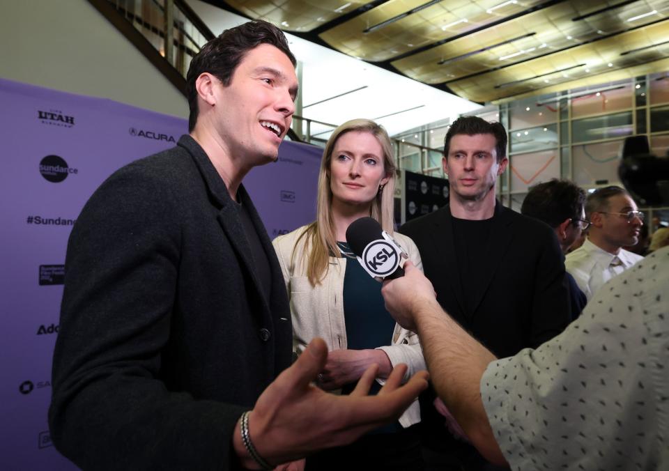 William Reeve, Alexandra Reeve and Matthew Reeve talk to members of the media at the premiere of “Super/Man: The Christopher Reeve Story,” which is about their father and features them, at the Rose Wagner Performing Arts Center in Salt Lake City on Friday, Jan. 19, 2024. | Kristin Murphy, Deseret News