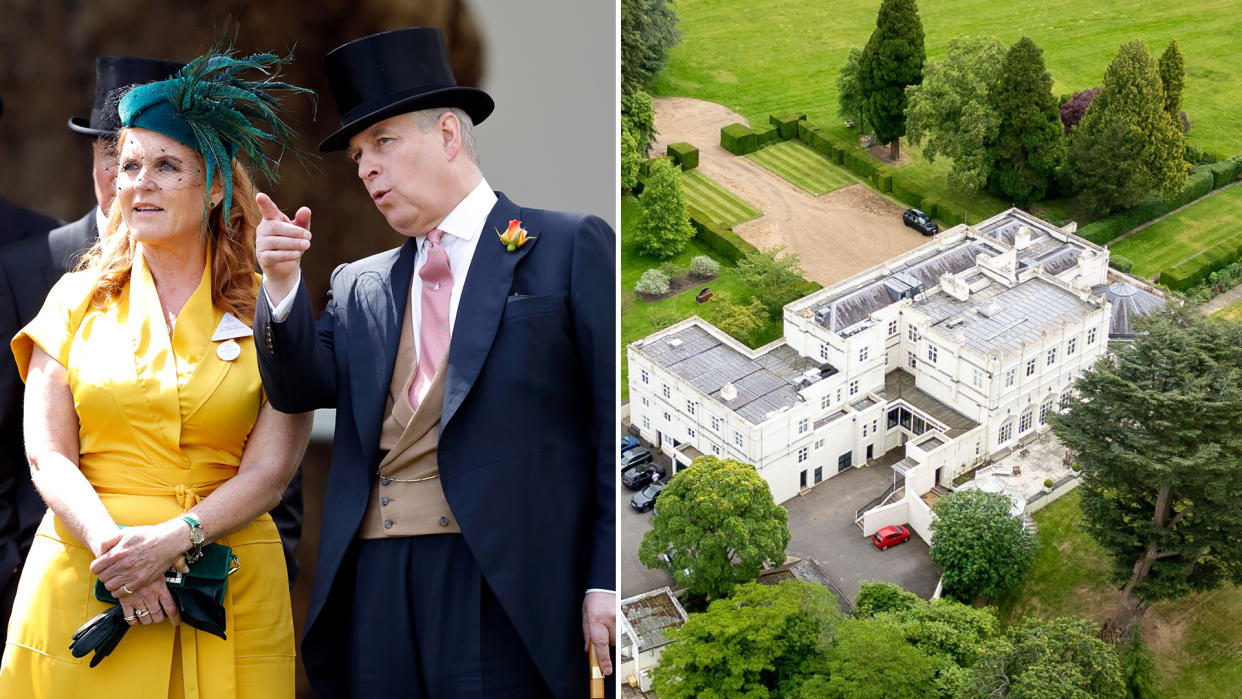 Split image showing Prince Andrew and Sarah Ferguson and Royal Lodge