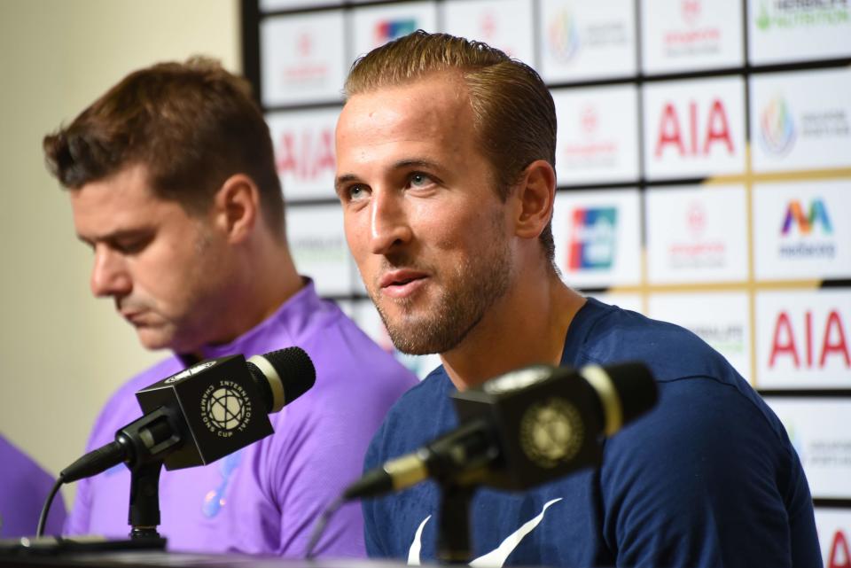 Tottenham Hotspur striker Harry Kane (right) and manager Mauricio Pochettino during the club's official media conference during the International Champions Cup. (PHOTO: Zainal Yahya/Yahoo News Singapore).