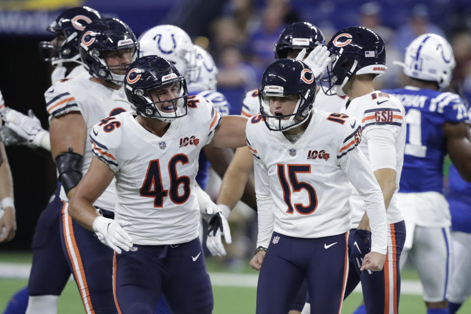 Chicago Bears kicker Eddy Pineiro, right, is congratulated after kicking a 58-yard field goal during the second half of their preseason game against the Colts on Saturday in Indianapolis.