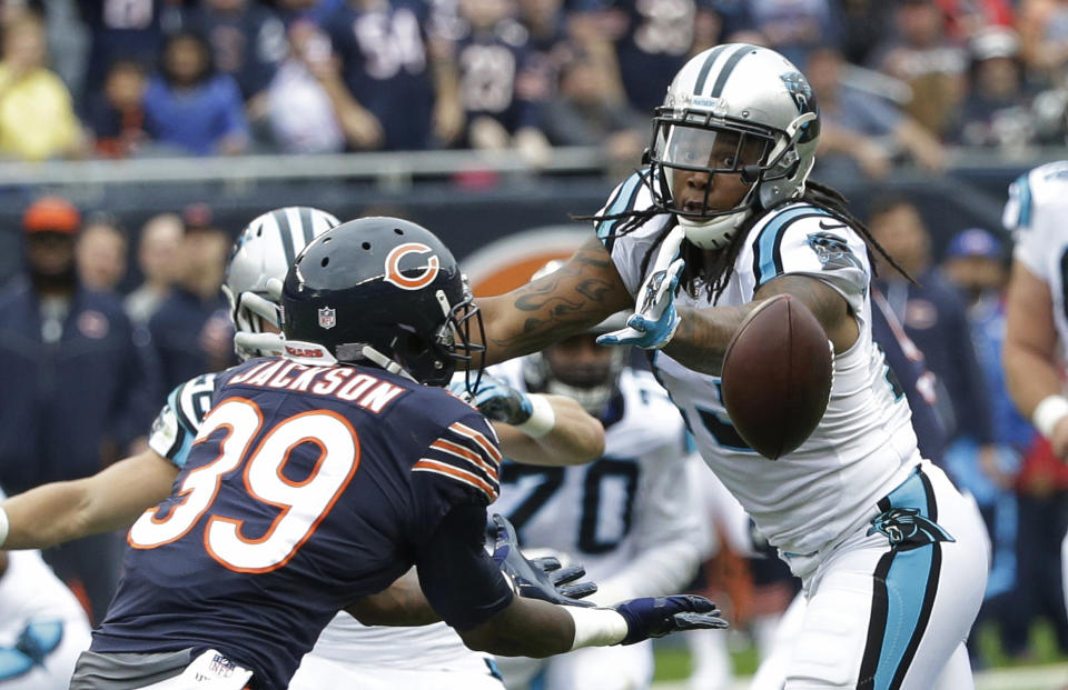 <p>Chicago Bears safety Eddie Jackson (39) intercepts a pass intended for Carolina Panthers wide receiver Kelvin Benjamin (13) and returns it for a 76-yard touchdown during the first half of an NFL football game, Sunday, Oct. 22, 2017, in Chicago. (AP Photo/Charles Rex Arbogast) </p>