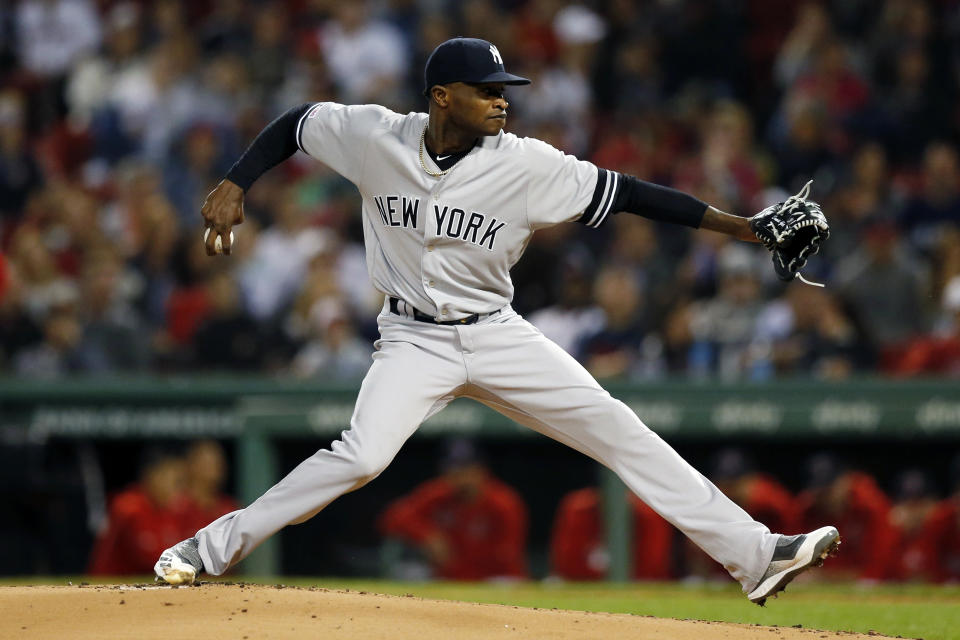 New York Yankees' Domingo German pitches during the first inning of the team's baseball game against the Boston Red Sox in Boston, Friday, Sept. 6, 2019. (AP Photo/Michael Dwyer)