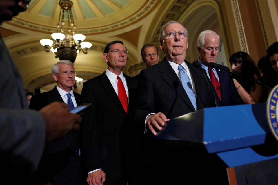 U.S. Majority Leader Mitch McConnell (R-KY) (2nd R) is flanked by fellow Republican leaders (L-R) Senator Roger Wicker (R-MS), Senator John Barrasso (R-WY), Senator John Thune (R-SD) and Senator John Cornyn (R-TX) as he speaks to reporters at a news conference following their weekly party caucus meeting at the U.S. Capitol in Washington, U.S. September 13, 2016. REUTERS/Jonathan Ernst