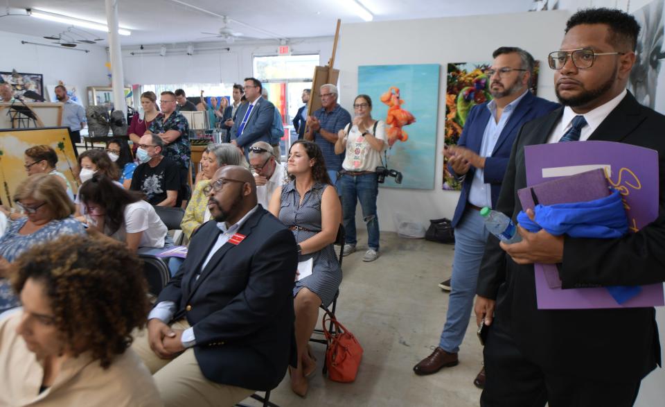 Democratic gubernatorial candidates Nikki Fried and Charlie Crist attend a debate Wednesday night, June 15, 2022 at The Box Gallery in West Palm Beach.