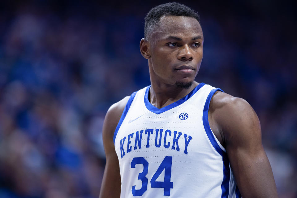 Kentucky&#39;s Oscar Tshiebwe during the game against Texas A&M at Rupp Arena in Lexington, Kentucky, on Jan. 21, 2023. (Michael Hickey/Getty Images)