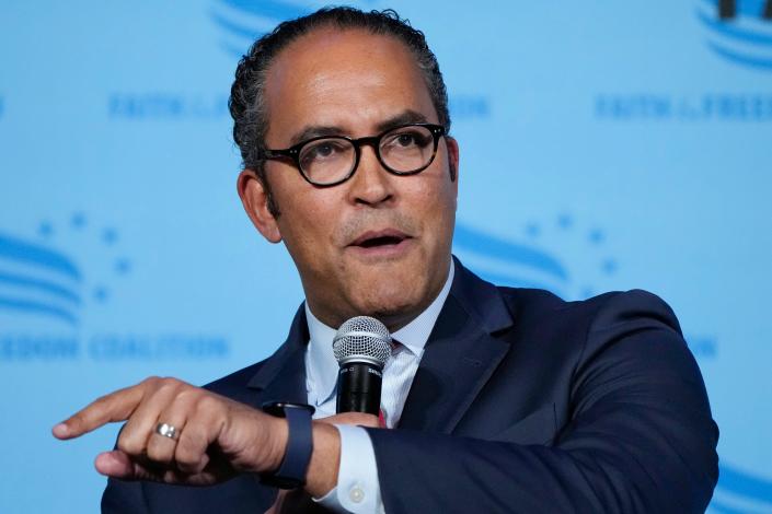 Former Rep. Will Hurd, R-Texas, addresses the Iowa Faith and Freedom Coalition on April 22, 2023, in Clive, Iowa. Hurd, also a former CIA officer, entered the Republican presidential race two months later.