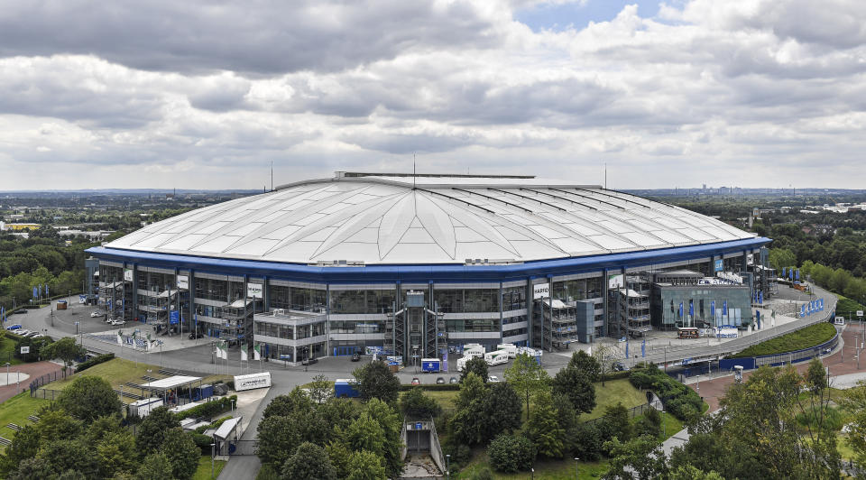 FILE - The Arena AufSchalke is seen in Gelsenkirchen, Germany, July 15, 2020. The European Championship in Germany is all about tried and tested stadiums with a rich soccer history. Unlike at some recent World Cups, there's been no rush to finish stadiums on time. (AP Photo/Martin Meissner, File)