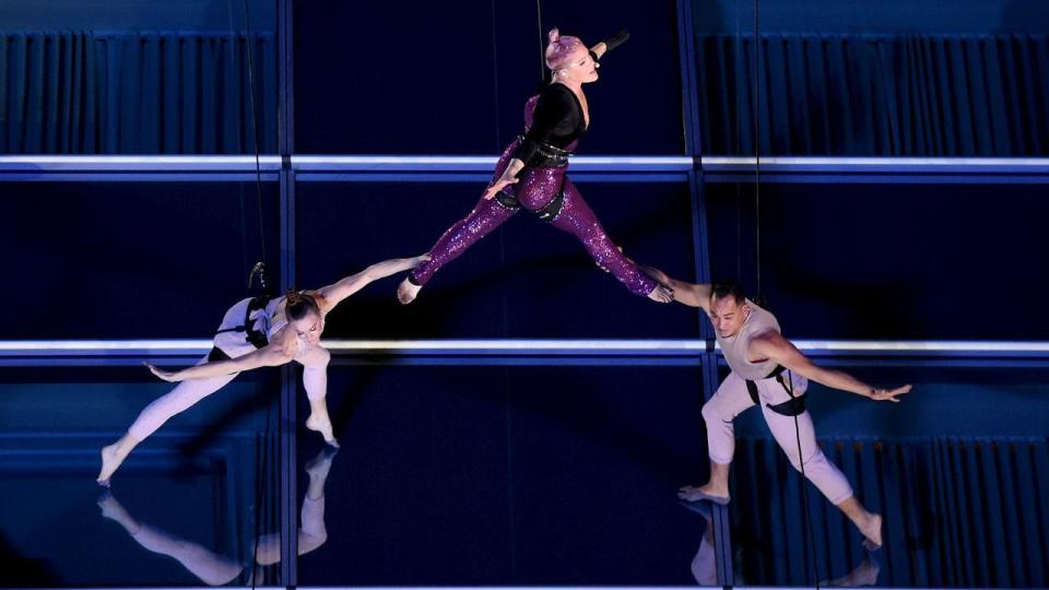 The 38-year-old singer literally took her performance to new heights on Sunday in Los Angeles.