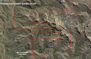 Concession with central caldera shaped area and old workings