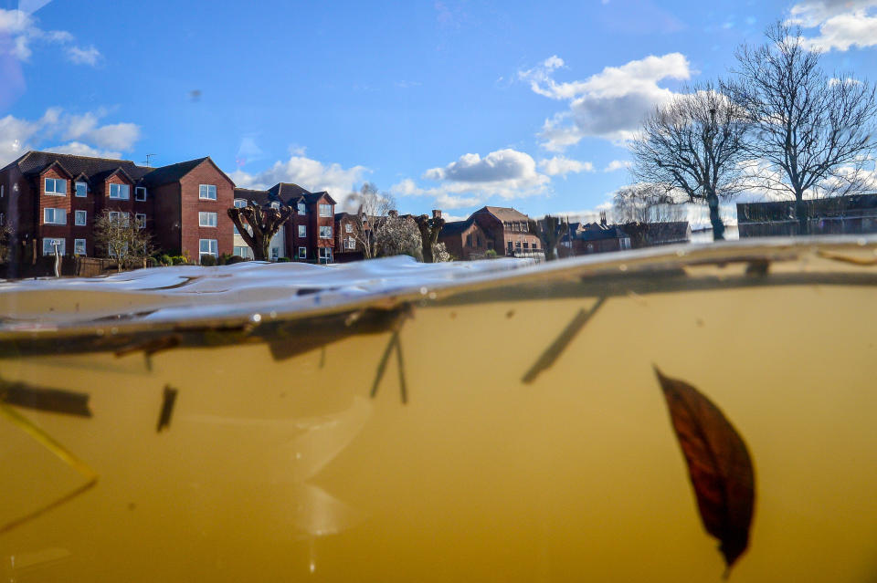 Properties back onto floodwater in Tewkesbury, as the town suffers continued flooding. (Photo by Ben Birchall/PA Images via Getty Images)