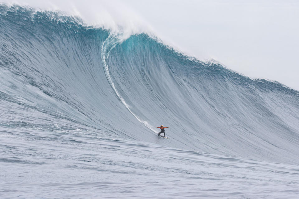 France's Justine Dupont on the 2023 Ride of the Year wave at Cortes Bank.<p>Photo: Frank Quirarte</p>