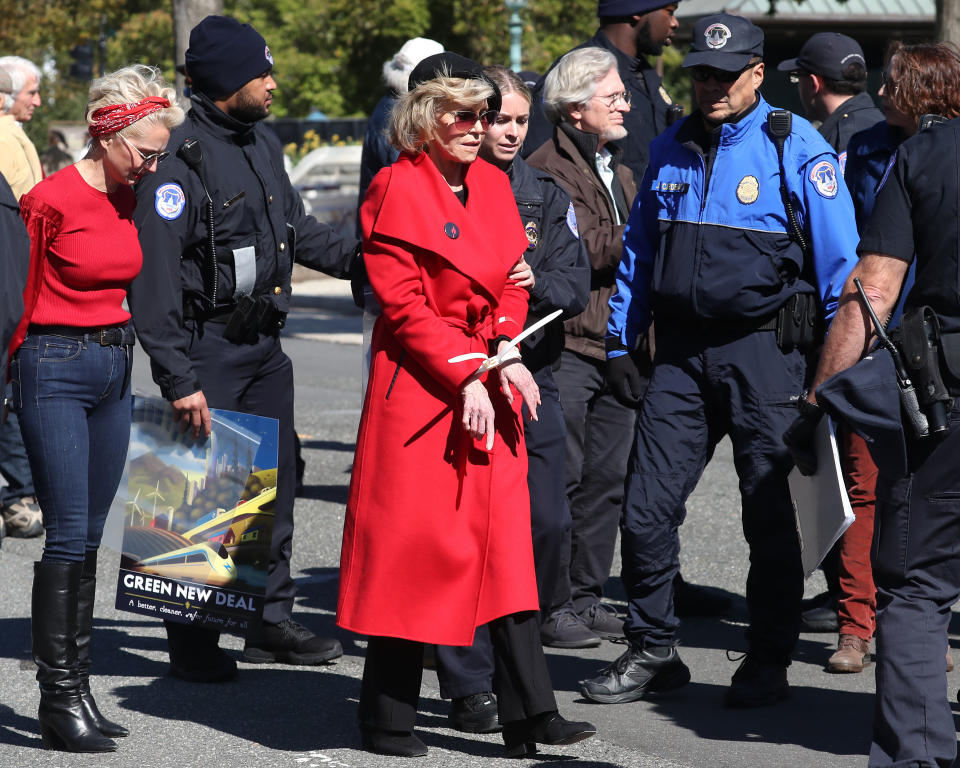 Jane Fonda is arrested for blocking a street in front of the U.S. Capitol during a &ldquo;Fire Drill Fridays&rdquo; climate change protest and rally on Oct. 18 in Washington, D.C. (Photo: Mark Wilson via Getty Images)