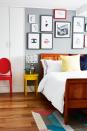 <p> Give your calm grey room a pop of something powerful by injecting splashes of red, yellow and blue. This gallery wall subtly blends vibrant red in with its monochrome palette, and the pale grey wall becomes a simple stage which lets the pictures shine.  </p>