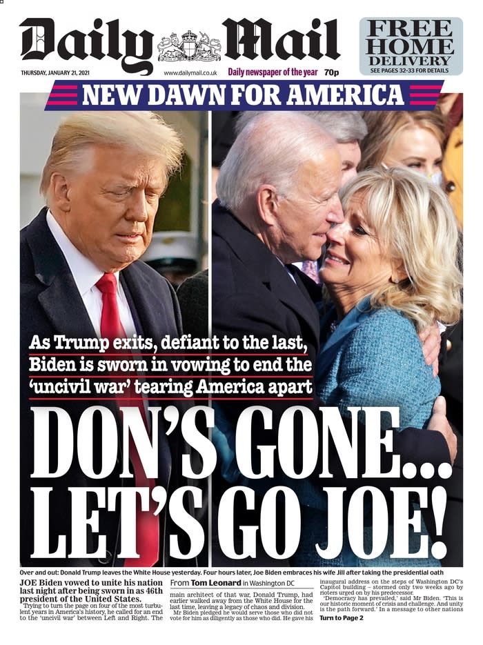 January 21, 2021 front page of the Daily Mail