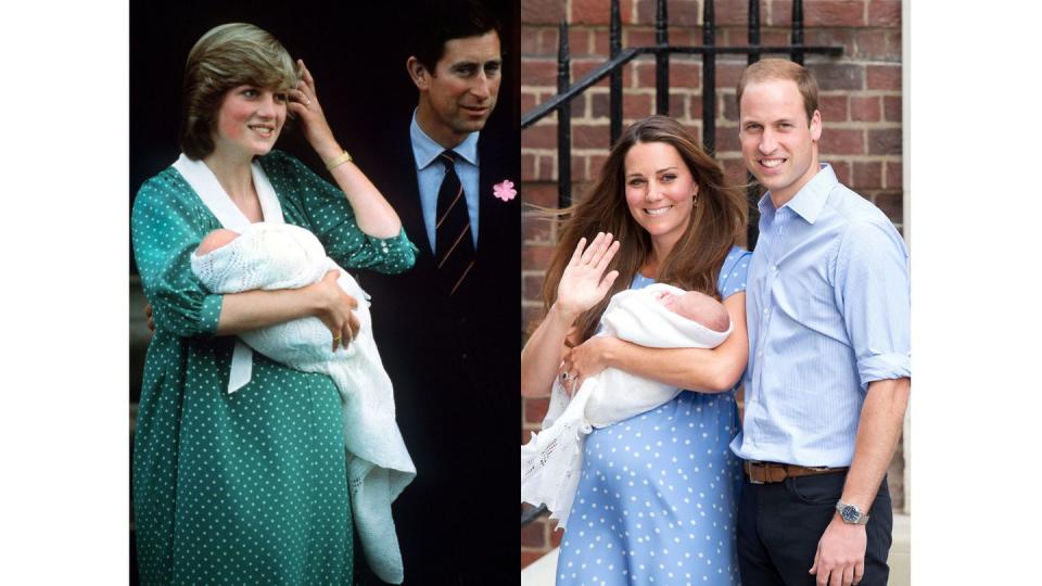 <p>Diana and Charles present William on the day after his birth in 1982. Kate and William with Prince George on the day after his birth, 2013.</p>