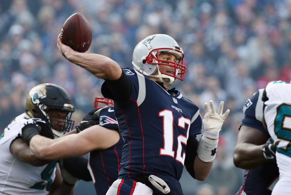 Tom Brady throws a pass during the first quarter of the AFC championship game between the New England Patriots and Jacksonville Jaguars. (Getty)