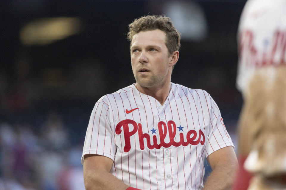 Rhys Hoskins hit six home runs for the Phillies in the 2022 postseason. (AP Photo/Laurence Kesterson)