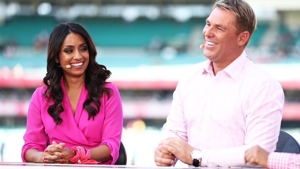 Isa Guha and Shane Warne, pictured here in commentary for Fox Sports earlier this year.