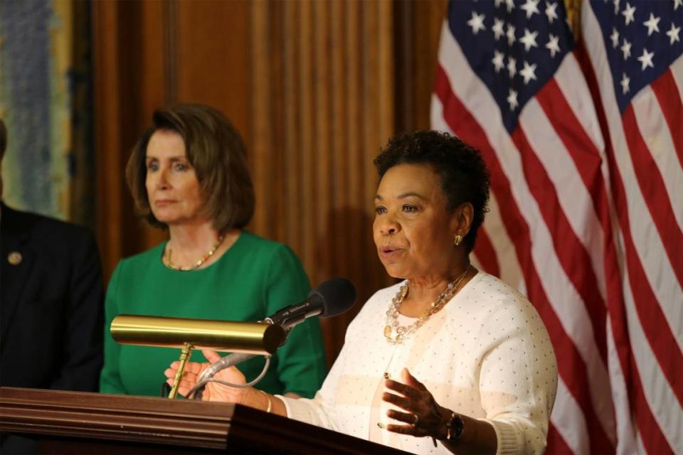 U.S. Congresswoman Barbara Lee of California joins Democrats to speak about President Donald Trump’s first 100 days in office during a news conference on Capitol Hill in Washington, D.C, in 2017.