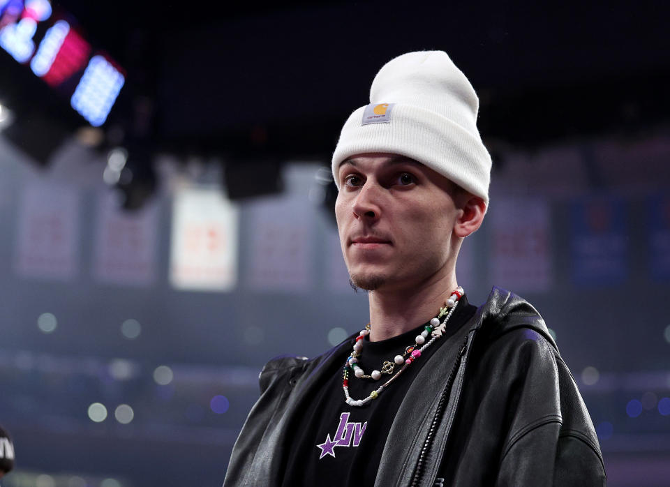 Tyler Herro's been in street clothes since breaking two bones in his hand on April 16. (Photo by Elsa/Getty Images)