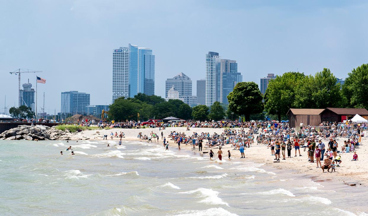 Families set up lawn chairs at McKinley Beach to watch the 2023 Milwaukee Air & Water Show on Saturday July 22, 2023 in Milwaukee, Wis.