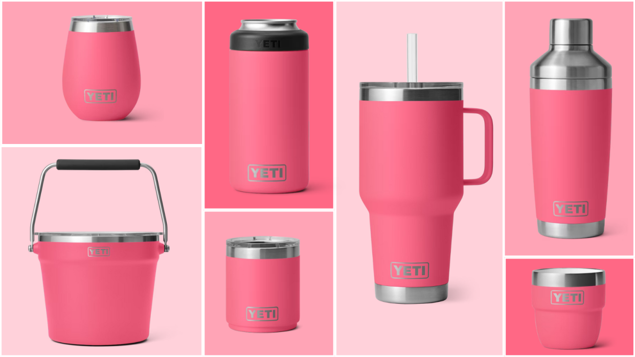 pink yeti travel mugs and travel containers on pink background