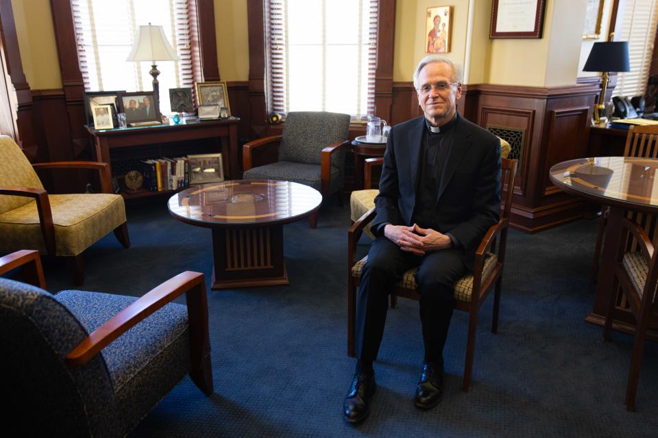 University of Notre Dame president Rev. John I. Jenkins poses for portrait in his office on Thursday, April 25, 2024, at the Main Building on Notre Dame's campus.
