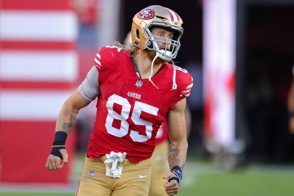 Aug 25, 2023; Santa Clara, California, USA; San Francisco 49ers tight end George Kittle (85) during the game against the Los Angeles Chargers at Levi's Stadium. Mandatory Credit: Sergio Estrada-USA TODAY Sports