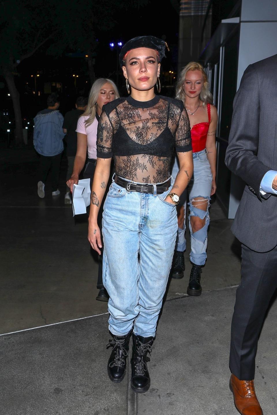 Los Angeles, CA  - Halsey arrives to Aubrey and the Migos concert at the Staples Center in Los Angeles, CA. The Singer looks stylish as she walks into the venue wearing a see through lace shirt, baggy jeans, and leather boots.Pictured: HalseyBACKGRID USA 12 OCTOBER 2018 USA: +1 310 798 9111 / usasales@backgrid.comUK: +44 208 344 2007 / uksales@backgrid.comUK Clients - Pictures Containing ChildrenPlease Pixelate Face Prior To Publication