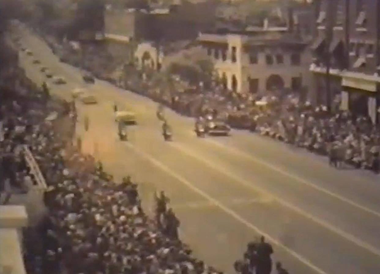 A screenshot of a video taken during the Azalea Festival Parade in 1953.