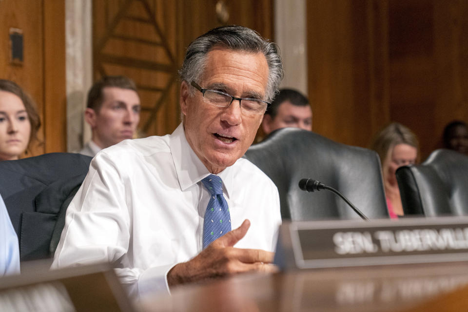 FILE - Sen. Mitt Romney, R-Utah, speaks during a hearing on Capitol Hill, April 20, 2023, in Washington. Rep. John Curtis, R-Utah, a moderate, and Trent Staggs, a Trump loyalist and former Mayor of Riverton, Utah, will participate in the state's upcoming primary to replace Romney, who is retiring. (AP Photo/Alex Brandon, File)