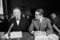 <p>Attorney General designate Elliot Richardson, right, introduced Archibald Cox, former solicitor general, to the Senate Judiciary Committee on May 21, 1973. Cox, left, told speakers that Richardson had given him “all the power needed to be independent” in his job as special Watergate prosecutor. (Photo: Bettmann/Getty Images) </p>