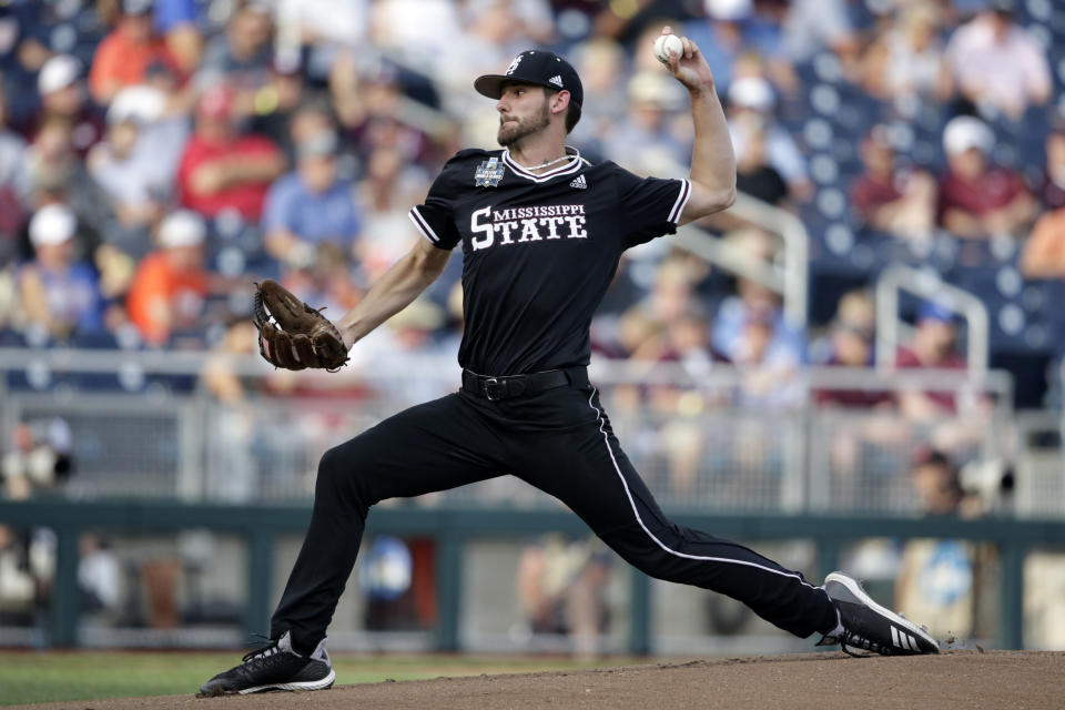 Mississippi State pitcher Ethan Small delivers against Auburn in the first inning of an NCAA College World Series baseball game in Omaha, Neb., Sunday, June 16, 2019. (AP Photo/Nati Harnik)