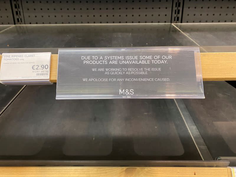 Empty shelves are seen at a Marks & Spencer store in Dublin