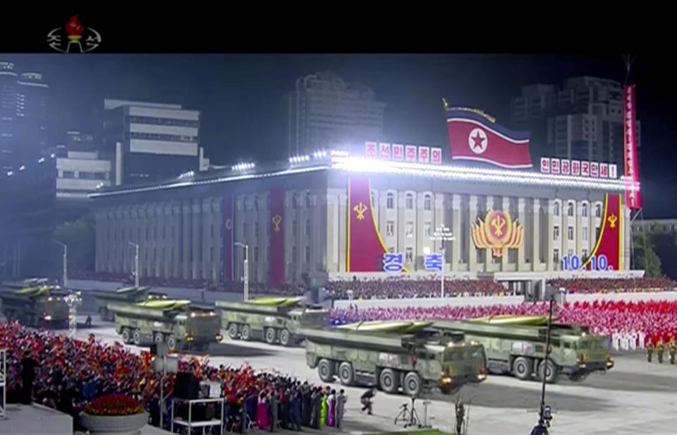 In this image made from video broadcasted by North Korea's KRT, military parade is held to mark the 75th anniversary of the country’s ruling party in Pyongyang Saturday, Oct. 10, 2020.(KRT via AP)