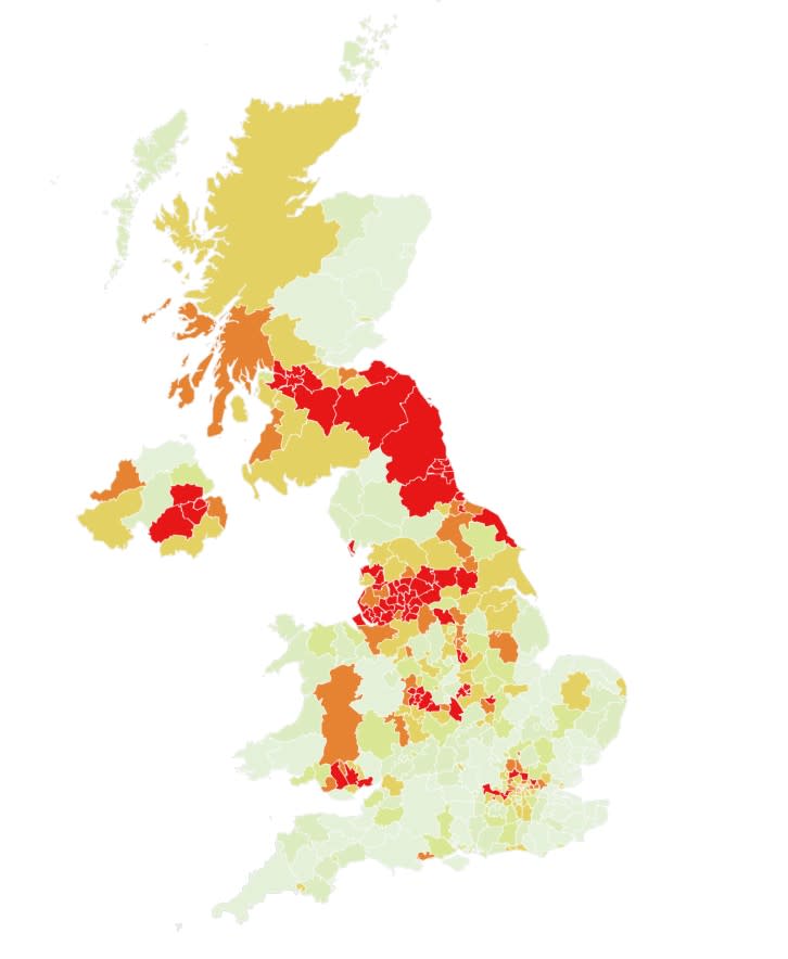 Map showing the percentage chance areas the UK that will become coronavirus hotspots in the week September 27 to October 3. The darker the shade of red the likelier it is they will be a hotspot. (Imperial College London)