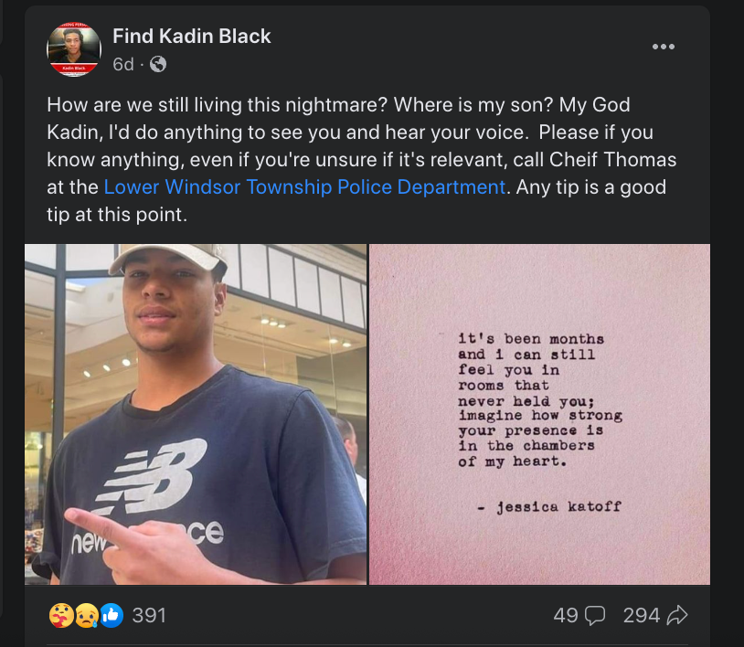 A post from the Find Kadin Black Facebook page in mid-September 2023. His mother Kara Patterson maintains the page.