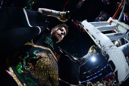 Sep 15, 2018; Las Vegas, NV, USA; Canelo Alvarez enters the ring to face Gennady Golovkin (not pictured) in the middleweight world championship boxing match at T-Mobile Arena. Alvarez won via majority decision. Mandatory Credit: Joe Camporeale-USA TODAY Sports