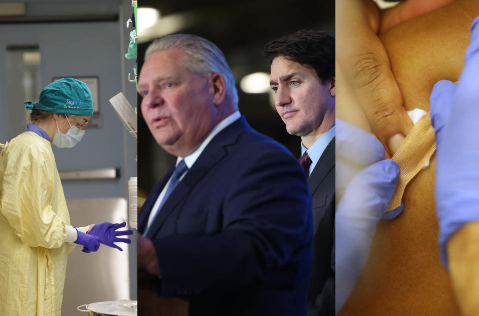 (left to right). Health care worker puts on glove; Justin Trudeau looks over Doug Ford&#39;s elbow at press conference; Woman receives COVID-19 vaccine.